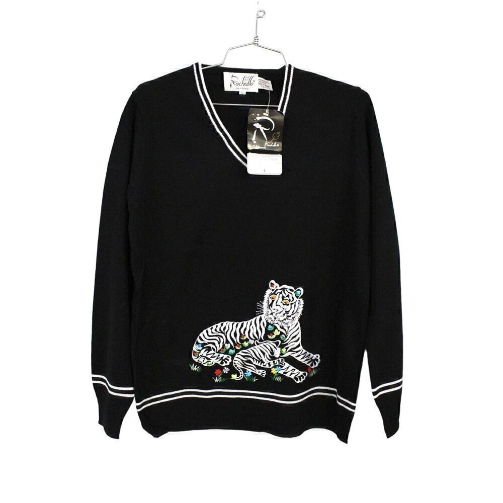 Vtg Rochelle Sweater 70s Adorable Momma Tiger/Cubs L NWT Acrylic Long Sleeves